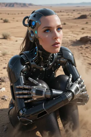 professional 8k cinematic photo of an advanced female gynoid robot sitting alone in the middle of a vast, barren desolate wasteland. She is hugging her knees with her arms tightly, her head tilted upwards, staring into the sky with immense, highly expressive eyes. Perfect human-like cybernetic anatomy. Intricate mechanical hands with long segmented titanium fingers, visible micro-hydraulic joints, and sleek carbon-fiber textures instead of veins. Seamless matte graphene skin panels on her face. Her eyes are massive, captivating optical lenses with sharp fractal aperture irises, deep sapphire color, containing a faint glowing HUD interface and realistic wet optical reflections of the sky. Finely detailed micro-sensor fibers as eyelashes. Dramatic top-down cinematic rim lighting casting deep artistic shadows, volumetric dust in the air. Shot on 85mm lens, f/1.4, Unreal Engine 5 render style, hyper-detailed mechanical joints, hard surface modeling, bokeh depth of field, masterpiece, (photorealistic texturing --ar 16:9), --stylize 400