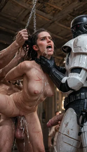 random sex scene, rapefantasy, Rating_explicit, (score_9, score_8_up, score_7_up, source_bdsmrape:1.48), detailed and infocus face, (in darth vader torture dungeon), (((man is choking her from behind:1.4), ((hanging from the ceiling in chains)), (black eyes), (pale skin:1.3), cock in mouth, (brutal face fuck), Blowjob, (tears in eyes:1.5), (running makeup), (cum drips from nose:1.3), (cum drips from mouth:1.3), ultra hd, photorealistic, hyper gigantic large black cock in mouth, (((hyper gigantic large black cock in mouth:1.3))), dark Stormtrooper ass fucking rey skywalker from Star Wars, curvy body, (detail rey skywalker:1.32), long beautiful legs, full body, perfect figure, high definition textures, meticulous details, maximalist, shaders, depth, high quality reflections, 1girl, sidelight, frontlight, blurry background, cinematic_lighting, blush, ((gangbang_rape, doubleanal_rape, arms_behind_head, nsfw:1.24)), (hyper massive cock:1.2), of the beast is to big for her little mouth, impossible fit in mouth, looking up, (trying to fit in her mouth the massive cock:1.24), (Tears:2), (bukkake:1.24), (handjob:1.12), (very below view, side view:1.25), (cum explosion in mouth:1.125), cum on forehead, cum on cheeks, porn photoshoot, (huge dick:1.12), (creamy deep deepthroat:1.24), (extreme oral sex:1.4), (huge massive white dick:1.24), (cum), (hands holding hair), (huge dick:1.4), (bukakke), (cum in face, cum on body), (covered in cum), (man is choking her from behind), (pale skin), one hand around her neck, choking her hard, strangling her, gasping for air, highly detailed, high resolution, hands behind back, (anal), (masterpiece), hard nipples, anal sex, deep anal penetration, with 4 large muscular dark Stormtroopers, large dark Stormtrooper cock, large muscular dark Stormtrooper man, (gangbang, rapesex), swollen dark Stormtrooper veiny cock, (anal penetration), realistic detailed hair, realistic detailed skin, realistic detailed breasts, realistic detailed pussy, realistic detailed eyes, random view angle, detailxl)), Uber realistic, ultra detailed, masterpiece, arched back, detailxl, 35mm photograph, film, professional, 4k, 1girl, 8men, hdr, photographic, ultra realistic, ultra high details, back light, (front view), (dynamic pose), best quality, extremely graphic, high detail, hyperrealistic, 8K, BadX, porn photoshoot, detailed skin, (eyes wide open in horror:1.44), (wide mouth spreader:1.5), (pleading expression:1.48), (terrified:1.12), (crying:1.45), UHD 8K, (full body photograph:1.1), (creamy deep deepthroat:1.24), (extreme oral sex:1.12), (huge massive white dick:1.4), (cum), (hands pulling hair hard), (huge dick:1.18), (whip marks:1.68), (whipped tits:1.67), professional photograph shot on kodak, 35mm photo, sharp focus, high budget, cinemascope, 100 mm lens, 1/250 s, f/2.8, ISO 300, Rey, <lora:LCMTurboMix_Euler_A_fix:2>, <lora:detailed_notrigger:2>, <lora:photorealistic_portrait_notrigger:2>, <lora:JuggerCineXL2:2>, <lora:Rey:2>