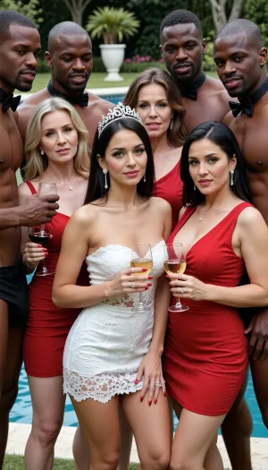 four woman and five black male bachelerot party. bachelorette party in a poolside garden.four women—one brunette, (45yo), one blonde, (35 yo), one light-brown-haired, (60yo), and one woman, (incredibly beautiful elegant turkish woman, 24 years old, onlyfansmodel, with big green eyes, perfect shiny eyes, medium lenghth straight dark hair, cute face, perfect hair desing, full pink lips, She has a She has smooth and flawless skin, shy, perfect long red nails, prominent cheekbones, perfect hands, belly piercing, long diamond earrings, diamond wedding rigs, very realistic, 8K, very realistic.elegant and attractive facial features, smooth skin with natural texture, very white and pale skin, perfect skin texture, expressive eyes, soft feminine lines, light make up, long eyelashes, dark eye makeup, captivating gaze, perfect nose, innocent look, very fair complexion, a fit body, ultra HD, realistic facee), . The dark haired woman is wearing a short, white lace mini-dress with and a tiara that says "Bride.", while the other women are wearing short red dresses with plunging necklines. They are holding wine glasses. Beside them are six big Black male wearing only black briefs and black bow ties, they are smiling at the women.A shot taken from the front.All the characters enter the frame. Wide shot.