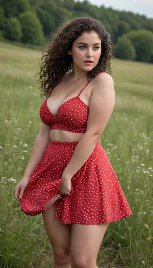 A beautiful young full-figured dark-curly-hair girl with a round butt and big tits in a short red summer dress with white dots stands in a meadow, the wind lifts her skirt and reveals her naked hairy pussy, front view, full body view
