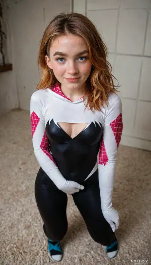 candid photo, horny 23 year old college slut, natural perky body, long ginger hair, realistic hairstyles, accurate realistic facial structure, ((wearing full sexy Spider-Gwen cosplay outfit)), ((she is posing for a seductive naughty sexting photo she is taking)), hands gliding over body, dark bedroom, orgasm smile, ultimate realism, realistic detailed skin texture, focus on realistic face, stunning eyes, Sun-kissed skin, full body, ((great angle view of very detailed face)), sadiesink101, n1rhpawg, red, hair, realistic, blue, eyes, photo, portrait, <lora:Sadie_sink_SDXL_101:2>, <lora:Sadie Sink:2>, <lora:real-humans-PublicPrompts:2>, <lora:LCMTurboMix_Euler_A_fix:.8>