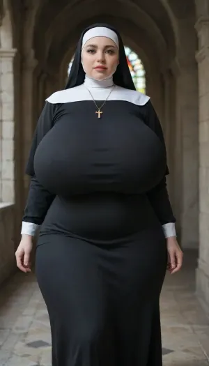 ssbbw, (nun:1.2), (massive breasts:1.65), (clothed:1.54), (thick:1.5), (black clothes:1.3), huge, breasts, <lora:Taretiti_XL-v1:.8>