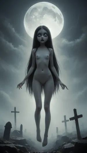 (Jack Cayless art style), a decaying cemetery at night. The full moon peeks through the clouds. White fog comes out of a grave. A ghostly girl suddenly appears out of the fog. She spreads her arms. She is flying up in the air. She is completely naked. She has unnaturally white skin. She has unnaturally fully black eyes and dark black lipstick, extremely long hair, unnaturally white hair, tiny body, short body, slim body, full nude, extremely short body, extremely small hips, small butt, extremely flat chest, Slight Dutch angle, floating in the air, misty, ghost, floating, mentixis, metix, ais-ghostly, flat, chested, <lora:PAseer-SDXL-MistyGhost:.8>, <lora:mentixis:.8>, <lora:Ghostly_Style_SDXL:.8>, <lora:ahxl_v1:2>, <lora:flat_chested_v3.5:2>