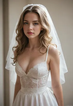 A young sexy blonde woman. She has long wavy hair. She is wearing a tightly fitted wedding dress. She has pink lipstick and heavy makeup. She is fit but has large tits and cleavage.
