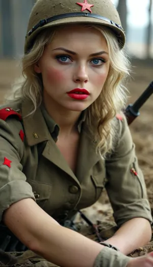 Soviet sniper woman od II World.Wr, Full Body, Full view, blonde hair, Blue eyes, red lip stock, Glamour make-up, on battlefield, fucked by german soldier, lyingfloor, panties, pulled, to, side, pussy, shaved, <lora:MJ52:.8>, <lora:Pussy_pants_nohands_D03_realvizXL2_bucket_01-000010:.8>, <lora:SNIPER_RIFLE__BY_STX:.8>