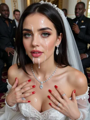 bukkake, cumshot on bride, cum on body, cumshot in her eyes, cum on her lips, red lips, cum on face, cum everywhere, a close up image of incredibly beautiful elegant turkish woman, 24 years old, onlyfansmodel, with big green eyes, perfect shiny eyes, medium length straight dark hair, cute face, perfect hair desing, full pink lips, She has a She has smooth and flawless skin, shy, perfect long red nails, prominent cheekbones, perfect hands, long diamond earrings, diamond wedding rigs, very realistic, 8K, very realistic.elegant and attractive facial features, smooth skin with natural texture, very white and very pale skin, perfect skin texture, diamond necklace, expressive eyes, soft feminine lines, no make-up, long eyelashes, dark eye makeup, captivating gaze, perfect nose, innocent look, very fair complexion, a fit body, ultra HD, realistic face, long legs. bride face in a sexy and erotic and elegance white plastic sheer transparent wedding dress, sitting on the ground, in the middle of a group of black men, sad face, black men are happy. in the palace, high quality, great detail.