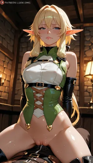 (masterpiece, best quality, highres, photorealistic anime style), High Elf Archer from Goblin Slayer, long blonde hair, blue eyes, slender build, sitting astride a Sybian machine in a tavern's back room, wearing her leather armor, her arms are bound in a single leather sleeve behind her back, the machine is turned on high, her body convulses with forced orgasms, a look of haughty, reluctant pleasure on her face, dim, tavern lighting, explicit, nsfw.