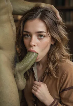 Hermione Granger sucks goblin's cock for money, other goblins are waiting in order, oral sex, facefuck, throatfuck, deep mouth penetration, (green penis penetration), green goblin's penis penetrated her throat, (brown honey eyes), hogwarts uniform, (green-skinned goblins), (goblins height is a half of her:1.5)