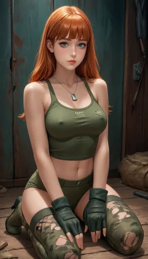 Reiq style, Close up, Irish girl, military, green camo tank top, green camo thong, tactical gloves, fishnet stockings, dog-tags, big firm breasts, submissive posture, long wavy but straight ginger hair, blunt bangs, blushing, freckels, kneeling, legs spread, sexy pose, sensual, dark room, Khaba_Babes, braless, Wearing, clothes, that, make, sense, with, Braless>, <lora:bralessSDXL_v1_00022:.8>