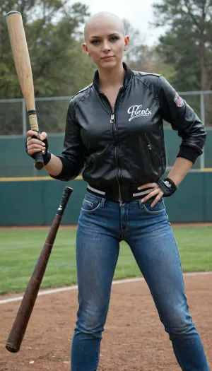 A bald, completely hairless blue-eyed Slavic woman in a leather jacket, jeans and bortforts, holding a baseball bat, stands in the backyard