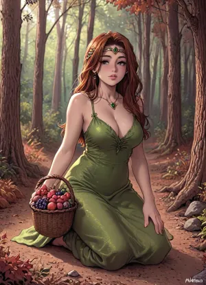 ((Melkor mancin style:1.5)), 1girl, long hair, sweet expression, wearing a green gown, (circlet), ((basket)), very deep cleavage, (kneeling), dynamic pose, (autumn forest background), acorns, chestnuts, berries, ratatatat74, lineart, line, art, flat, colors, color, <lora:LCMTurboMix_Euler_A_fix:.7>, <lora:ratatatat74-000050:1.1>, <lora:lineartSDXL:1.7>