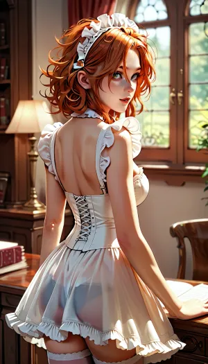 young adult young adult girl, 21yo, long ginger red hair, thick messy hair, hourglass figure, pencil skirt, masterpiece, best quality, highly detailed, maid, very, wide, skirt, petticoat, apron, frills, headpiece, thighhighs, corset, panties visible, Transparent, Dress, wearing, see, trough, dress, lingerie, elegant, back, view, <lora:Animated_Concept:1.8>, <lora:style61-a31-000015:.5>
