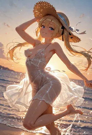 character, Marie_Rose.A dynamic full body shot from a low angle featuring Marie_Rose, (Elementary_girl:1.4), (Loli_girl:1.4), spinning playfully on a sandy beach at golden hour. She faces the camera directly with a warm, tender, motherly smile, her long blonde twintails tied with black ribbons whipping dynamically around her in the sea breeze. She wears a tilted straw sun hat with flying ribbons and a sheer, thin white gauze dress without undergarments, the translucent fabric billows dramatically outward, caught by the ocean wind. The low sun behind her backlights the gauze, making her slim silhouette and softly outlined breasts subtly visible through the material. Her bare feet are ankle-deep in swirling, splashing shallow seawater, with one arm gently raised and the other trailing beside her. Strong dynamic motion blur affects the hair ribbons and dress hem. The scene is bathed in a golden sunset silhouette with a warm cinematic atmosphere and joyful, playful energy, rendered in a high-quality anime illustration style.cute pink nipples, shiny skin, oiled skin, dynamic pose, dynamic view, bending back, detailed artwork, clean composition, vibrant colors, featuring high-resolution textures and sharp details.blue, perfecteyes, <lora:荻pote_XL:1.3>, <lora:PerfectEyesXL:1>, <lora:LCMTurboMix_Euler_A_fix:.5>, <lora:marie_rose2-000008:1.2>, Mondello, Beach, wide, angle, <lora:XL_FD-Mondello-Beach-R16:.8>
