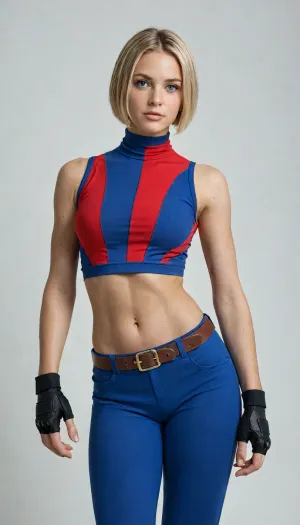 solo, 1girl, blue mary, king of fighters, short blonde hair, bob cut, blue eyes, classic outfit, red fabric crop top, high neck top, turtleneck, mock neck, covered, no, sleeveless, matte fabric, cotton texture, bare midriff, navel, blue loose pants, blue trousers, single brown belt, blue fingerless gloves, large, soft body, soft skin, thick thighs, cowboy shot, standing, white background, simple background, semi-realistic, 3d render, octane render, 8k, high quality, best quality, masterpiece, shiny skin, studio lighting