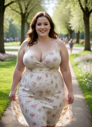 natural looking bbw in flower dress, light colours, walking in park, large breasts, smiling, moles, freckles
