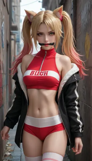 A high-resolution, cinematic portrait of a mischievous female anti-hero with bleach-blonde hair styled into high pigtails, featuring one side dipped in pastel pink and the other in pastel blue. She wears a vibrant, two-tone satin bomber jacket split down the middle in crimson red and cobalt blue. Her face features smudged dark eyeliner, a subtle heart tattoo on her cheekbone, and a playful, chaotic smirk. She is leaning against a graffiti-covered brick wall in a dark, neon-lit city alley. The scene is illuminated by dramatic cyan and magenta rim lighting, creating deep shadows and a moody comic-book atmosphere., gougou, animal_ears, thighhighs, scowl, gagged, <lora:gougou_XL_1_-000004:2>