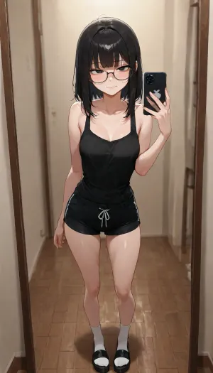 ((Insanely hot)), ((top quality、masterpiece、high sensitivity、high resolution、detailed depiction、depiction of a delicate face、thin face)), ((Slender girl with black medium bangs hair、wearing glasses)), is advanced digital art、black tank top and jean shorts、black sandals、white socks, bedroom background, ((skinny)), freckles, shy, ((extremely insecure look in her eyes)), ((dim lights)), (((taking a mirror selfie))), Iphone 14 Pro Max, ((seductive pose)), ((full body selfie)), (legs toghether), score_9, score_8_up, score_7_up, score_6_up, (j_cartoon:1.4), Drawing, <lora:hinaTuningFaceDetailer_SDXL-v2-rank256-pruned:.8>