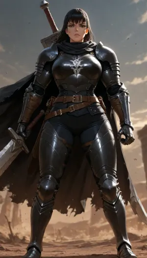 Female Guts from Berserk, genderbent version of Guts the Black Swordsman, tall powerfully built woman with muscular yet feminine physique, broad shoulders, strong arms and legs, defined abs, large breasts, long messy black hair partially covering one eye, intense golden-brown eyes, multiple battle scars across face body and arms, large vertical scar across the bridge of the nose, missing left forearm replaced by a mechanical prosthetic arm with built-in cannon, wearing canonical Black Swordsman armor, black iron chest plate, shoulder pauldrons, arm guards, heavy leather straps and belts, dark pants, iron greaves and boots, tattered black cape flowing behind, holding the massive Dragonslayer greatsword resting on her shoulder, dark gritty atmosphere, blood and dirt on armor and skin, fierce determined expression, highly detailed, realistic anatomy, dramatic lighting