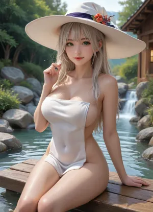 1girl, bare shoulders, breasts, cleavage, collarbone, covered navel, green eyes, hair ornament, hand up, hat, large breasts, long hair, looking at viewer, naked towel, onsen, sitting, skindentatio, smile, solo, thighs, towel, very long hair, water, wet, white hair, white headwear, witch hat, cinematic scene, scenery, detailed background, masterpiece, best quality, high quality, highres, absurdres, very detailed, high resolution, sharp, sharp image, 8k, vivid, colorful, <lora:hisiya_xl_v1:1>