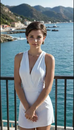 Masterpiece, beautiful caucasian woman 25 years old. Ultra-realistic, charming blue eyes, flawless facial skin, athletic body, short pixie haircut, jet‑black hair, textured layers, soft volume, slightly tousled, open neck, confident feminine energy, dominant presence, magnetic aura. She leaned against the balcony railing of an expensive hotel. She's wearing a silky, long, sleeveless, mock-neck dress in a solid orchid color that clings to her figure. Below, in the distance, is a sprawling Mediterranean seaside city, boats can be seen in the harbor. The sun is setting in the distance. The look is unapologetically and confident, elegant but daring, subtle skin reveal, teasing not . Accessories, minimalistic but sharp, statement earrings, no necklace, accent on neck and jawline. Pose, powerful and, slightly leaning forward, intense direct eye contact, lips slightly parted, relaxed but dominant posture, confidence and control. Mood, high-fashion editorial, sensual, dominant feminine energy, queer aesthetic, sapphic vibe, irresistible attraction, everyone around admires her, magnetic and captivating presence. Lighting, cinematic, soft shadows sculpting body and face, glossy luxury magazine style