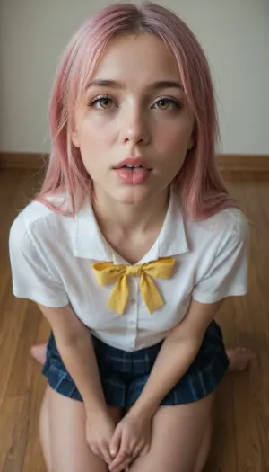 (masterpiece, best quality, highres, photorealistic style), Kita Ikuyo from Bocchi the Rock!, long pink hair with yellow ribbons, orange eyes, petite build, kneeling nervously on the floor of a dimly lit practice room, wearing her school uniform, she is shyly licking the tip of a man's penis, her hands are clasped in her lap, her eyes are wide and innocent, looking up for reassurance, a single drop of saliva connects her lower lip to his shaft, detailed, explicit, nsfw.