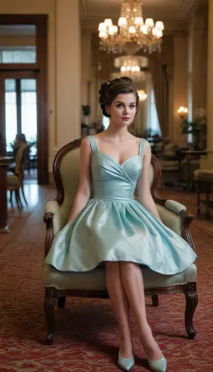 Petite, (wearing a 1960s style prom dress), 25 year old woman, brunette hair, (fancy 1960s style up-do hairstyle), (sitting on an overstuffed chair in the foyer of a grand hotel)