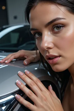 Award-winning creative photography of a stunning woman standing next to a futuristic luxury hypercar. Highly detailed perfect hands and five distinct human fingers with clean nails resting gracefully on the car hood. Close-up on her captivating face, macro detail of a complex iris texture, sharp reflections in her eyes, detailed eyelashes, natural skin texture with visible pores and fine hairs. Cinematic lighting, soft volumetric glow, 8k resolution, photorealistic, intricate textures, masterpiece, hyper-detailed, (sharp focus. --ar 16:9), --style raw --v 6.0