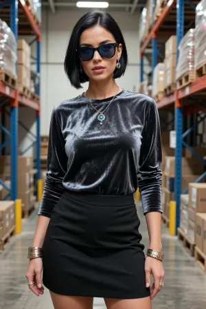 (masterpiece, best quality:1.2), 1 french 25yo woman, lasciviously and glamorous company boss, (she wears a shimmering dark ash colored baggy velvet round neck long shirt, plain black cotton skirt:1.4), inside a modern distribution warehouse, short slicked-back raven black hair, (modern styled with jewelry, earrings, bangles, necklaces), bright blue eyes, dark sunglasses, photorealism