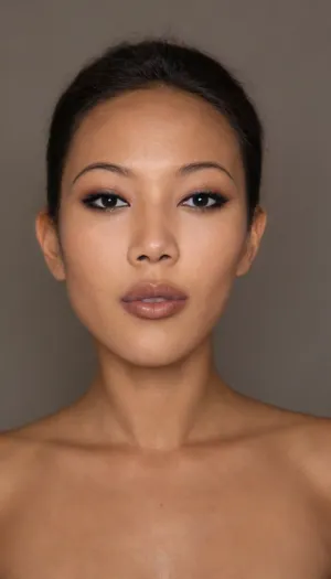 A Filipina's slut face, (narrow flat nose with a surgically sculpted tip), (27 years old), dark brown tanned skin, (very full lips, dark-beige matte lipstick), masculine jaw, looking straight at camera, (closed lips), face portrait, round face