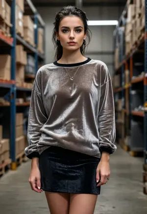 (masterpiece, best quality:1.2), 1 french 25yo woman, lasciviously and glamorous company boss, (she wears a shimmering dark ash colored baggy velvet round neck longshirt, plain black cotton skirt:1.4), inside a modern ditribution warehouse, short slicked-back raven black hair, (modern styled with jewelry, earrings, bangles, necklaces), bright blue eyes, dark sunglasses, photorealism, <lora:style_lora_realis:.5>, <lora:slicked-back_hair-000006:.5>