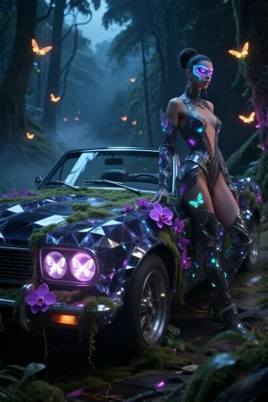 A stunning high-fashion model, wearing glowing luminescent make-up, stands next to a vintage convertible, crafted entirely from dark, translucent crystal and covered in bioluminescent moss and exotic purple orchids. The car’s headlights project soft holographic silhouettes of butterflies into the twilight mist. A deep, mystical forest backdrop with floating neon fireflies, atmospheric cinematic lighting, 8K resolution, a photorealistic masterpiece, ultra-detailed textures and a dramatic contrast between nature and futuristic magic.