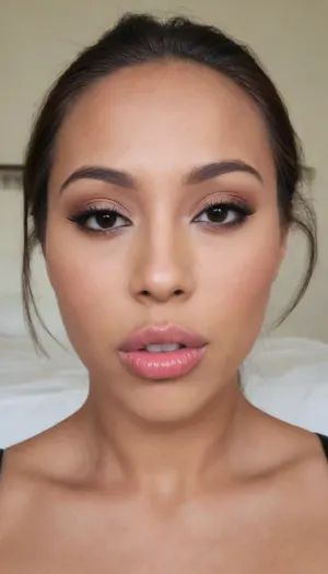 (A Filipina's slut face:1.2), (narrow flat nose with a surgically sculpted tip), (defined jawline with a sharp, masculine edge, high and prominent zygomatic arches, sculpted cheekbones), (27 years old), dark brown tanned skin, (very full lips, mahogany matte lipstick), masculine jaw, looking straight at camera, (closed lips:1.2), face portrait, round face