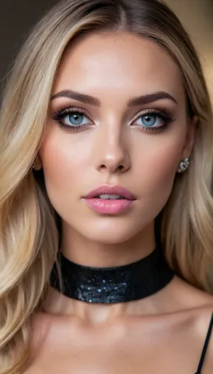 looking at viewer, seductive expression, lips slightly parted

flawless glistening oiled honey-toned synthetic skin

beautiful face, sharp high cheekbones, sharp jawline, pointed chin
deep-blue eyes, subtle charcoal-gray eyeshadow, black tightlining, long black eyelashes, soft medium-thin deep-brown eyebrows
full plump lips, glossy nude-pink lipstick
long straight blonde hair
long triangular crystal earrings, choker