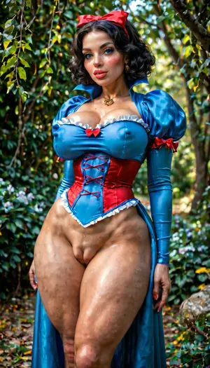 Snow white, (brown skin:1.3), perfect skin, extremely beautiful face, blush, freckles, full lips, thick lips, ultra high details, award winning photo, breasts, hips, super waist, perfect anatomic body, erect nipples, (comically hyper puffy swollen vulva:1.3), puffier, (excessive hyper pronounced puffy swollen labia:1.3), over sized vulva, thick eyelashes, long eyelashes, blushing, pink lips, glossy lips, attractive face, perfect nose, round cheeks, beautiful woman, hinata, sexy, model, pretty face, hyper realistic, perfect eyes, best detailed hair, micromini skirt, tight tanktop, stockings, g string, engorged breast