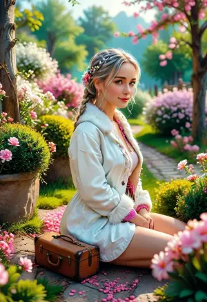 (smooth rendering and vibrant colors:.1), outdoor, artistic, high-angle, 40 yo, lovely mature female character with silver-white hair tied in two braids wears a white fur-trimmed coat and a hat adorned with a pink flower, she sits atop an ornate blossom-shaped travel case crafted from light wood and pink petals featuring intricately curved decorations, rough-paved path, lush green grass, dark trees, cute detailed cartoon style with soft lines and vibrant pastel colors, isometric, dynamic, soft lighting, sunny day, cheerful, fairytale-like, playful, imaginative, natural beauty, /KlTTY-ART/, <lora:COMFYUI_mimic_landscape_-_XL_SDXL v2.0:.5>, <lora:attractive_notrigger:.1>, <lora:MJ52:.1>