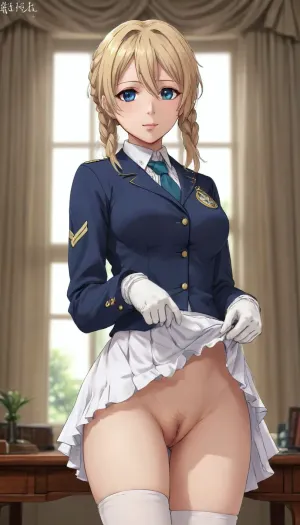 HD footage, excellent line drawing, hentai beauty is cosplaying Violet Evergarden, wearing a cropped_Prussian_blue_military-style_jacket, white_blouse, ruffled_ribbon_tie, white_pleated_silk_mini_skirt, brooch, (gloves), gold_ornaments. extremely detailed face, double low braided buns, golden blonde hair, sparkling eyes, looking at viewer, slim tall body, slim waist, narrow hips, slim legs, thigh gap, (((vagina))), pubic hair, (((skirt lift))), upskirt, flashing pussy, skirt, lift, lifted, by, self, model pose, front view, eye level, background art by Eero Aarnio, <lora:skirt lift XL V2:.8>, <lora:violet_evergarden_XL_v1(anima):.6>