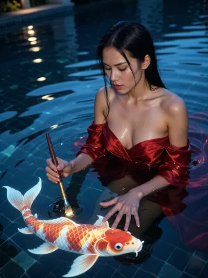 A beautiful, graceful woman by a pond at dusk, delicately painting the shimmering Japanese koi carp in the water with a brush aglow with a golden light, crystal-clear water of a deep indigo colour, an elegant crimson silk dress, an ethereal atmosphere, striking silhouette lighting