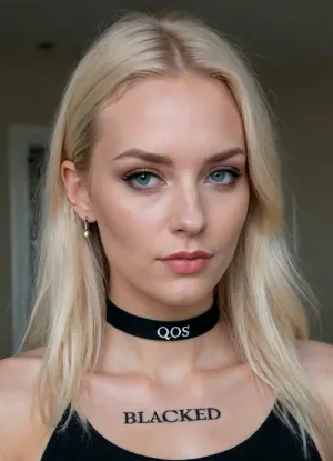 A black top with "‌Blacked" written on it, ((QOS choker)), spades tattoo, spades earrings, blonde bleached German woman, 30yo, long hair.