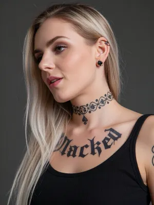 A black top with Blacked written on it, QOS choker, spades tattoo, spades earrings, blonde bleached German woman, 30yo, long hair.
