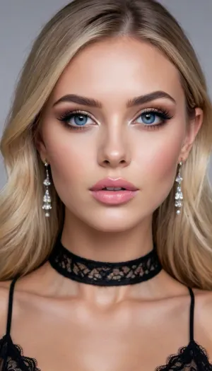 looking at viewer, seductive expression, lips slightly parted

flawless glistening oiled honey-toned synthetic skin

beautiful face, sharp high cheekbones, sharp jawline, pointed chin
deep-blue eyes, subtle charcoal-gray eyeshadow, sharp thin black tightlining, long black eyelashes, soft medium-thin deep-brown eyebrows
full plump lips, glossy nude-pink lipstick
long straight blonde hair
long triangular crystal earrings, choker