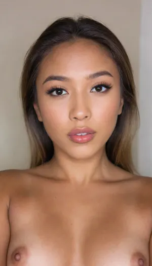 A Filipina's slut face, (27 years old), . dark brown tanned skin, (full lips, dark-beige nude-lipstick), masculine jaw, looking straight at camera, portrait