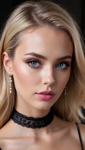 looking at viewer, seductive expression, lips slightly parted

flawless glistening oiled honey-toned synthetic skin

beautiful face, sharp high cheekbones, sharp jawline, pointed chin
deep-blue eyes, subtle charcoal-gray eyeshadow, sharp thin black tightlining, long black eyelashes, soft medium-thin deep-brown eyebrows
full plump lips, glossy nude-pink lipstick
long straight blonde hair
long triangular crystal earrings, choker