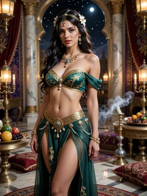 Photorealistic cinematic photography, vertical full-body portrait, slightly low angle, 50mm lens, natural perspective, moderate-to-high depth of field, high resolution, extremely detailed.

A stunning adult woman, concubine of the Grand Sultan, stands gracefully at the center of a magnificent Ottoman-inspired fantasy palace chamber. Elegant posture, one hip slightly tilted, graceful arched torso, head held high, direct captivating gaze, half-lidded dark-brown almond eyes, enigmatic knowing smile. Fair warm complexion with realistic skin texture, luminous candlelit skin and natural facial proportions. Long, voluminous ebony hair with subtle warm highlights flows over her back and shoulders, silky individual strands framing her face, decorated with small white jasmine flowers. Kohl-lined eyes, defined lashes, subtle golden eyeshadow, shaped eyebrows, deep rose-red lips and delicate golden shimmer on cheekbones.

She wears luxurious eastern concubine attire in emerald green and gold, a fitted embroidered silk bodice with intricate gold thread, pearls and tiny gemstones, elegantly exposing shoulders and midriff. Translucent flowing silk layers create a sophisticated, sensual silhouette. A flowing sheer skirt wraps around her hips with a high side opening revealing long toned legs. Ornate gold waist belt with coins and tassels, delicate gold arm cuffs, ankle bracelets with tiny bells, and an elaborate jeweled headpiece with a cascading gold chain across her forehead.

Magnificent palace interior, mirror-polished marble floors, tall marble columns with intricate gold carvings, rich silk tapestries in deep red, purple and gold, ornate brass lanterns and candelabras, low tables with golden platters of exotic fruits, dates and sweets, jeweled hookahs on silk cushions, incense burners releasing delicate smoke around the lower figure, scattered luxurious rugs and silk pillows. Large arched windows reveal a star-filled moonlit night.

Warm atmospheric candlelight and lantern glow, soft flickering highlights, golden illumination across skin, hair, jewelry and embroidered fabrics, subtle reflections on polished marble, low-to-medium contrast, dreamy luxurious cinematic mood. Incense smoke adds depth and mystery.

Composition, subject centered and dominant, visual emphasis on face, expressive eyes, ebony hair with jasmine flowers, jeweled headpiece, elegant silhouette and ornate costume. Background elements remain detailed but slightly softened through cinematic depth of field.

Color palette, emerald green, antique gold and deep red as primary colors, purple, ivory and warm amber secondary, black, pearl white and jasmine white accents.

Style, photorealistic cinematic photography, historical oriental fantasy, luxurious palace aesthetic, sensual elegance, high fashion, mystery, passion and fairy-tale atmosphere. Realistic skin, silk, embroidery, jewelry, marble and atmospheric smoke. No modern elements or anachronisms.