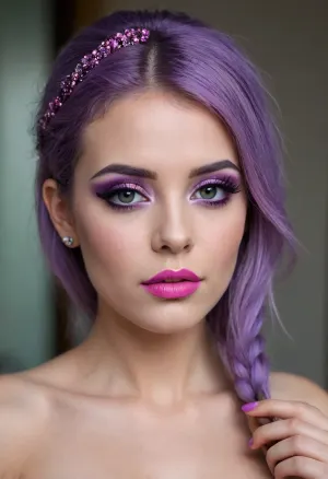 She'll do her makeup. beautiful sexy love little bimbo purple hair girl posing naked, She paints her lips with pink and sparkly lipstick
and has large, slanted gray eyes.
make-up long golden eyelashes olive shadows with blue eyeliner eye shadow
hairstyle two pigtails hanging on the chest covering the exposed purple nipple areoles, straight bangs, artoflips, uoclips, lips, lipstick, art, of, <lora:Art_Of_Lips_PONY_XL_By_UOC:.8>