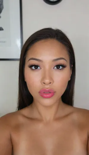 A Filipina's slut face, (27 years old), dark brown tanned skin, (full lips, dark-brown-pink lipstick), masculine jaw, looking straight at camera, biometric photo