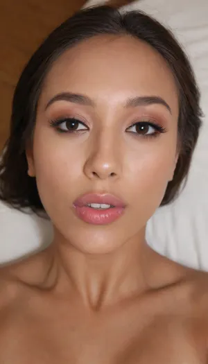 (A Filipina's slut face:1.2), (narrow flat nose with a surgically sculpted tip:1.1), (defined jawline with a sharp, masculine edge, high and prominent zygomatic arches, sculpted cheekbones), (27 years old), dark brown tanned skin, (very full lips, mahogany matte lipstick), masculine jaw, looking straight at camera, (closed lips:1.2), face portrait, round face