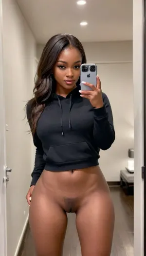 (masterpiece:1.2), (best quality:1.2), (photorealistic:1.25), ultra detailed, realistic lighting, modern indoor photography, (ebony whore:1.4), taking a mirror selfie, standing in a dark modern hallway, wooden floor, wardrobe doors and doorway behind her, dim cinematic indoor lighting, wearing oversized black hoodie, naked tightly fitting hips and legs, holding smartphone in front of face covering the face, mirror selfie pose, athletic feminine body shape, straight hair, one hand lifting the hoodie slightly revealing below the waist, no panties, (((untrimmed natural hairy pubis:1.1))), relaxed casual pose, body weight on one leg, hips slightly tilted, legs crossed slightly, soft shadows, warm indoor lighting, realistic skin texture, subtle reflections in mirror, instagram / tiktok style selfie photo, smartphone photography look, 50mm lens look, shallow depth of field, natural body proportions

mirror selfie pose, smartphone covering face, slight hip tilt, one leg forward, emphasizing hips, casual standing pose, butt, melanin, skirtlift, realistic, real, face, hyper, realsitic, influencer, insta, beautiful, sexy, pretty, <lora:melanin-XL:.8>, <lora:skirtlift_xl:.8>, <lora:Realistic_Insta_InfluencerV1.0:.8>