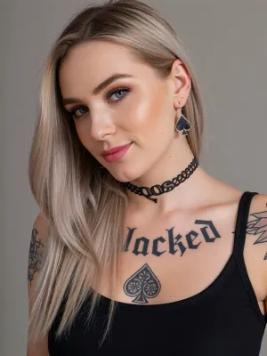 A black top with Blacked written on it, QOS choker, spades tattoo, spades earrings, blonde bleached German woman, 30yo, long hair.