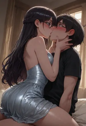 (Nerdy 19yo Vietnamese american girlfriend is kissing her male prom date:1.8), (passionate kiss), (groping), small breasts, Glasses., (long smooth black hair escaping from a fancy updo), (aroused:1.8), (blushing:1.6), (Wearing blue satin prom dress:1.2), Photorealistic, (focus on perfect face:1.2), french kiss, (straddling), <lora:dark:1.1>, <lora:french_kiss_xl_v1:.8>