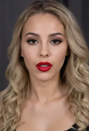 Anissa, 24yo North African Maghreb woman, warm dark olive skin with detailed visible pores and realistic texture, natural wavy ash blonde hair with dark roots, heavy provocative makeup, dark eyeliner, red lipstick, flawless consistent face, beautiful fresh young fac
